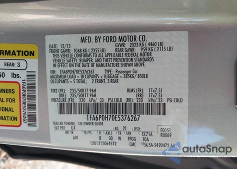 2014 Ford Fusion Se из США, поврежденный, VIN 1FA6P0H70E5376267